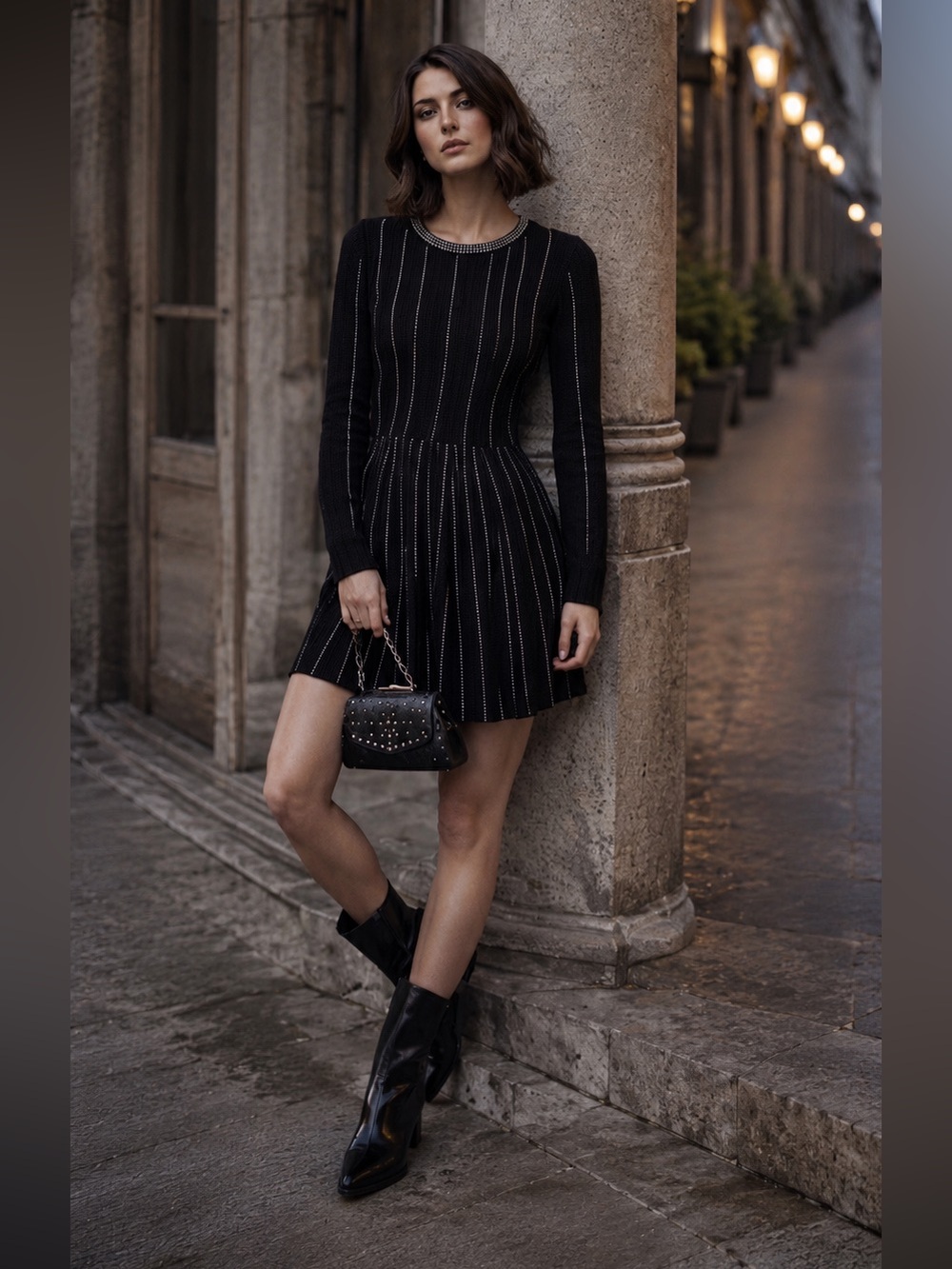 NWT The Kooples Black Knit Skater Dress With Studs Size S
